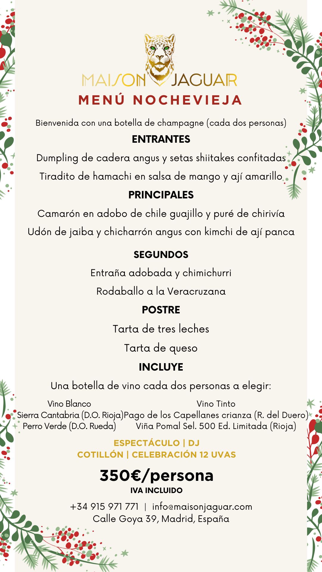 Cena de Nochevieja con espectáculo MADRID 2023 | Restaurante Mexicano Maison Jaguar